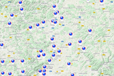 Bild einer Karte auf der klima-Maßnahmen hessischer kommunen eingezeichnet sind