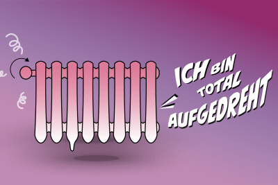 Hessen heizt schlau: Infografik Richtig heizen, Heizkörper mit Text "Ich bin total aufgedreht"
