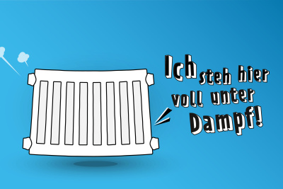 Hessen heizt schlau: Infografik optimales Raumklima, Heizkörper mit Text "Ich steh hier voll unter Dampf"