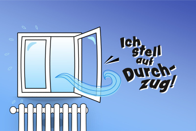 Hessen heizt schlau: Infografik Richtiges Lüften, Heizkörper mit offenem Fenster und Text "Ich stell auf Durchzug"