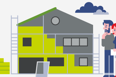 Grafik zeigt ein Paar mit Sanierungsplan , das neben einem eingerüsteten Haus steht.