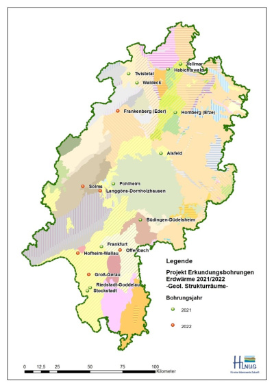 Die Karte zeigt Geothermie-Erkundungsbohrungen in Hessen