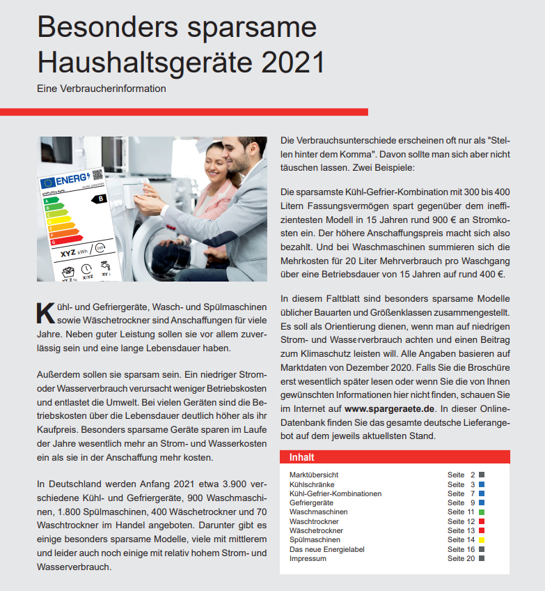 Cover der Broschüre besonders sparsame Haushaltsgeräte